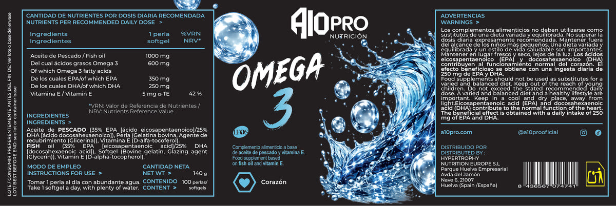 Etiqueta completa de Omega 3 A10PRO: ingredientes, cantidades y advertencias