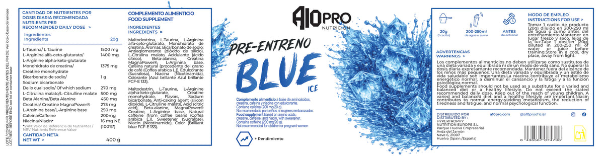 Etiqueta de Preentreno Blue Ice: ingredientes y modo de empleo